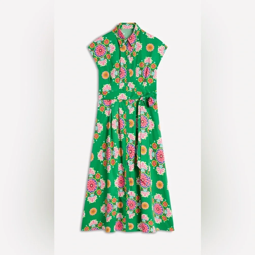 Boden Rachel Cotton Midi Shirt Dress Rich Emerald Meadow Posy women’s 8R NWT